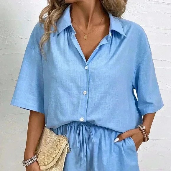 Blue Casual Women's Vacation Solid Color Drop-Shoulder Shirt And Shorts Set - Picture 5 of 7
